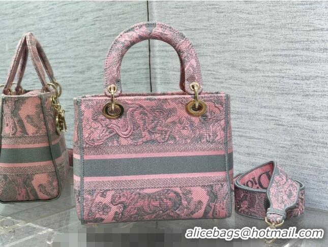 Best Quality Dior Medium Lady D-Lite Bag in Toile de Jouy Reverse Embroidery CD6086 Grey and Pink 2023