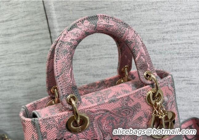 Best Quality Dior Medium Lady D-Lite Bag in Toile de Jouy Reverse Embroidery CD6086 Grey and Pink 2023