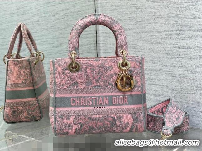 Best Quality Dior Medium Lady D-Lite Bag in Toile de Jouy Reverse Embroidery CD6086 Grey and Pink 2023