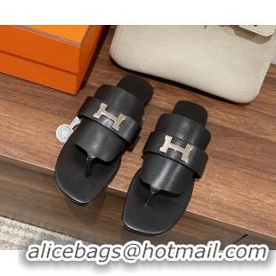 Unique Style Hermes Galerie Flat Thong Slide Sandals in Calfskin 525117 Black