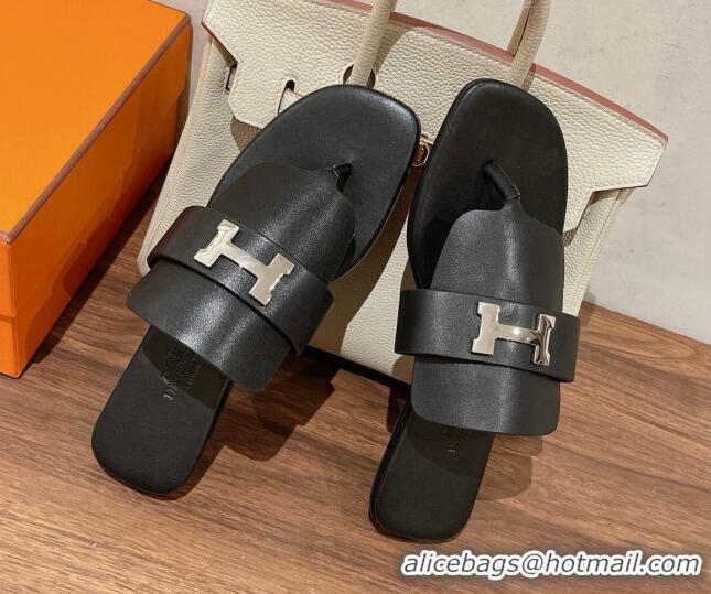 Unique Style Hermes Galerie Flat Thong Slide Sandals in Calfskin 525117 Black