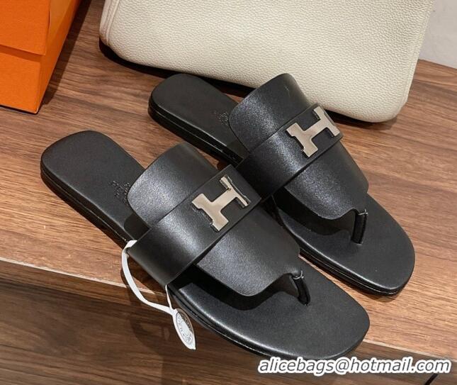 Unique Style Hermes Galerie Flat Thong Slide Sandals in Calfskin 525117 Black