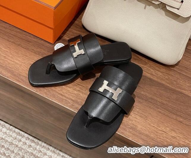 Unique Style Hermes Galerie Flat Thong Slide Sandals in Calfskin 525117 Black