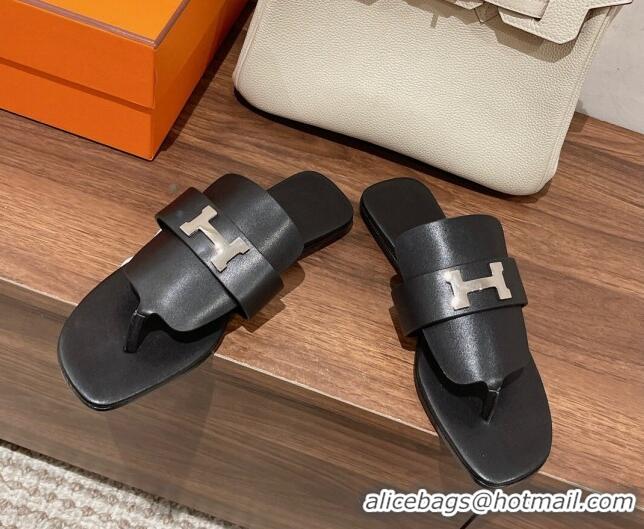 Unique Style Hermes Galerie Flat Thong Slide Sandals in Calfskin 525117 Black