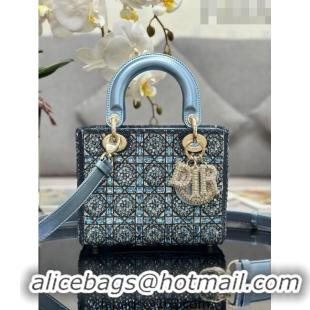 Top Quality Dior Small Lady Dior Bag in Metallic Calfskin and Satin with Celestial Blue Resin Bead Embroidery CD6100 202