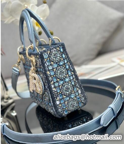 Top Quality Dior Small Lady Dior Bag in Metallic Calfskin and Satin with Celestial Blue Resin Bead Embroidery CD6100 202