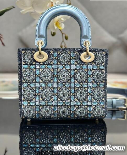 Top Quality Dior Small Lady Dior Bag in Metallic Calfskin and Satin with Celestial Blue Resin Bead Embroidery CD6100 202