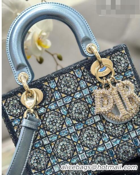 Top Quality Dior Small Lady Dior Bag in Metallic Calfskin and Satin with Celestial Blue Resin Bead Embroidery CD6100 202