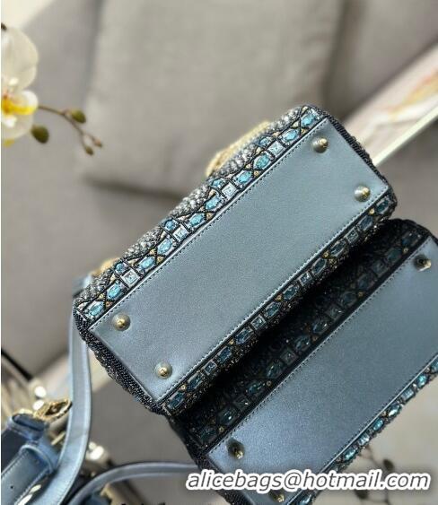 Top Quality Dior Small Lady Dior Bag in Metallic Calfskin and Satin with Celestial Blue Resin Bead Embroidery CD6100 202