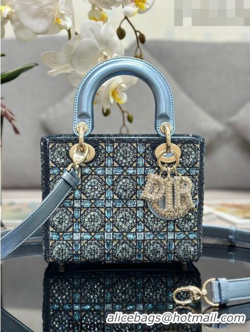 Top Quality Dior Small Lady Dior Bag in Metallic Calfskin and Satin with Celestial Blue Resin Bead Embroidery CD6100 202