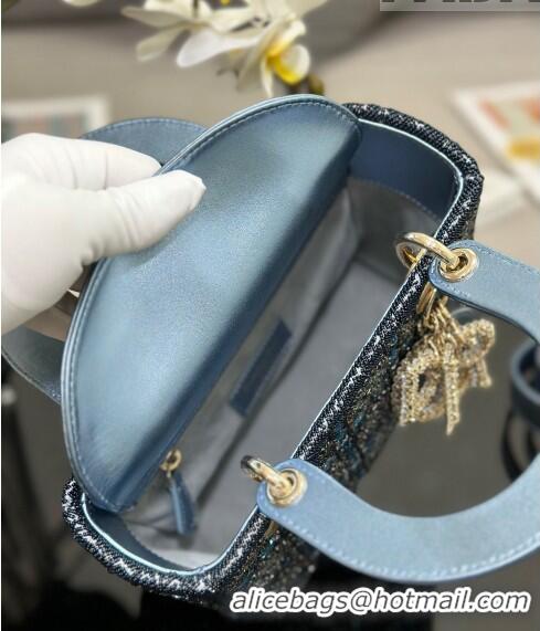 Top Quality Dior Small Lady Dior Bag in Metallic Calfskin and Satin with Celestial Blue Resin Bead Embroidery CD6100 202