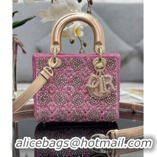 Top Design Dior Small Lady Dior Bag in Metallic Calfskin and Satin with Rose Des Vents Pink Resin Bead Embroidery CD6100