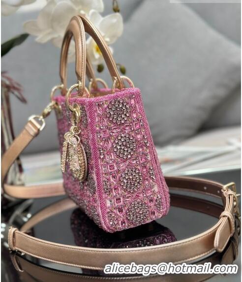 Top Design Dior Small Lady Dior Bag in Metallic Calfskin and Satin with Rose Des Vents Pink Resin Bead Embroidery CD6100