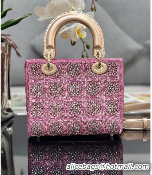 Top Design Dior Small Lady Dior Bag in Metallic Calfskin and Satin with Rose Des Vents Pink Resin Bead Embroidery CD6100