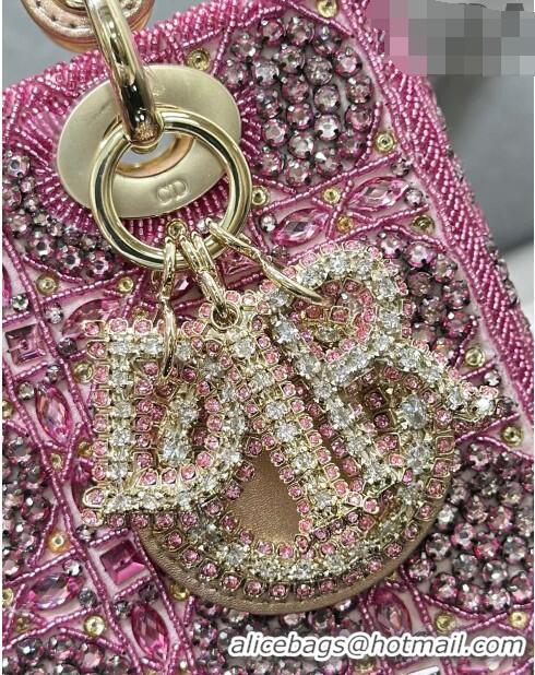 Top Design Dior Small Lady Dior Bag in Metallic Calfskin and Satin with Rose Des Vents Pink Resin Bead Embroidery CD6100