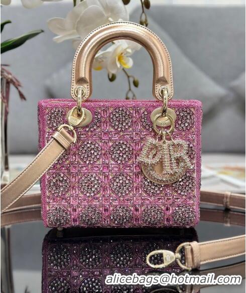 Top Design Dior Small Lady Dior Bag in Metallic Calfskin and Satin with Rose Des Vents Pink Resin Bead Embroidery CD6100