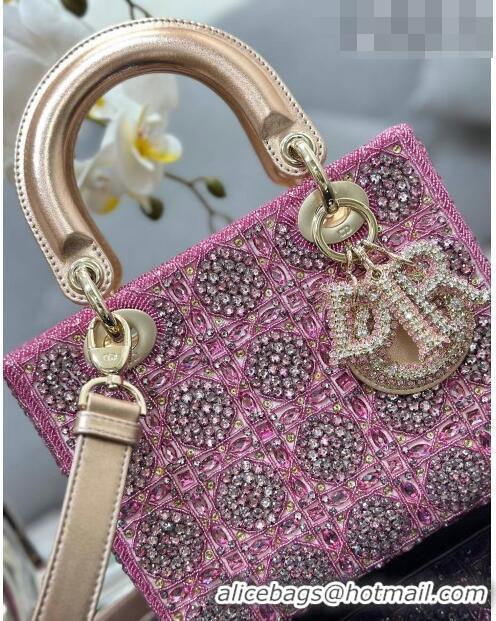 Top Design Dior Small Lady Dior Bag in Metallic Calfskin and Satin with Rose Des Vents Pink Resin Bead Embroidery CD6100