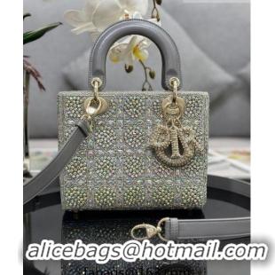 Top Grade Dior Small Lady Dior Bag in Metallic Calfskin and Satin with Grey Resin Bead Embroidery CD6100 2023