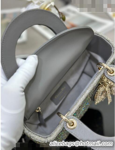 Top Grade Dior Small Lady Dior Bag in Metallic Calfskin and Satin with Grey Resin Bead Embroidery CD6100 2023