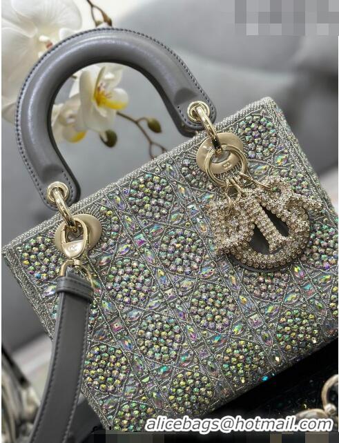 Top Grade Dior Small Lady Dior Bag in Metallic Calfskin and Satin with Grey Resin Bead Embroidery CD6100 2023