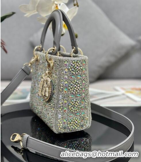 Top Grade Dior Small Lady Dior Bag in Metallic Calfskin and Satin with Grey Resin Bead Embroidery CD6100 2023