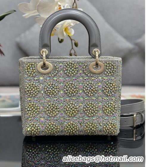 Top Grade Dior Small Lady Dior Bag in Metallic Calfskin and Satin with Grey Resin Bead Embroidery CD6100 2023