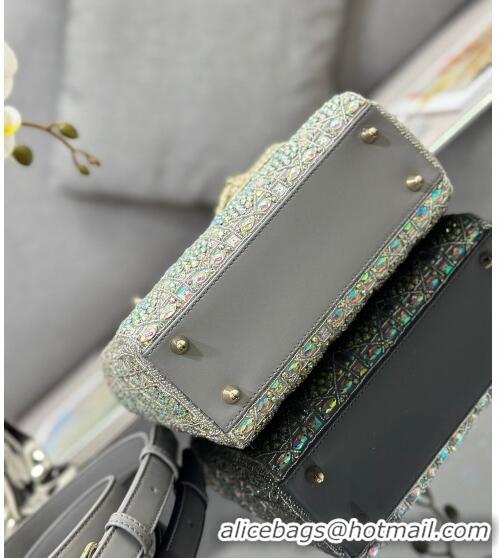 Top Grade Dior Small Lady Dior Bag in Metallic Calfskin and Satin with Grey Resin Bead Embroidery CD6100 2023