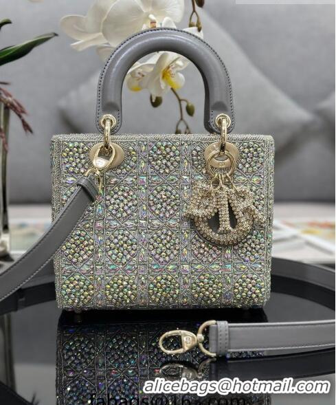 Top Grade Dior Small Lady Dior Bag in Metallic Calfskin and Satin with Grey Resin Bead Embroidery CD6100 2023