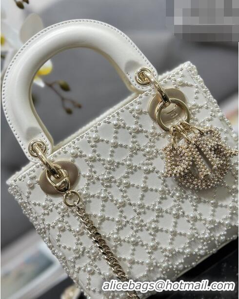 Luxury Discount Dior Mini Lady Dior Bag with Pearls 0616 White 2023