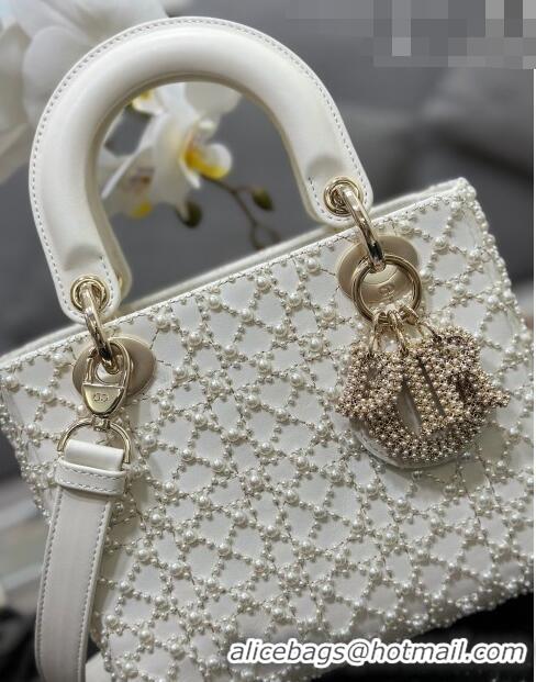 Pretty Style Dior Small Lady Dior Bag with Pearls 0616 White 2023