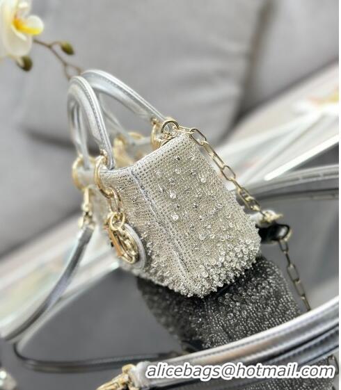 Famous Brand Dior Lady D-Joy Micro Bag in Metallic Leather with Crystals CD0069 Silver 2023