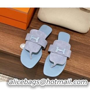 Grade Quality Hermes Galerie Flat Thong Slide Sandals in Suede Purple/Blue 525118