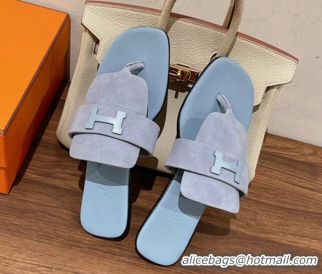 Grade Quality Hermes Galerie Flat Thong Slide Sandals in Suede Purple/Blue 525118