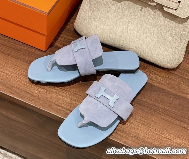 Grade Quality Hermes Galerie Flat Thong Slide Sandals in Suede Purple/Blue 525118