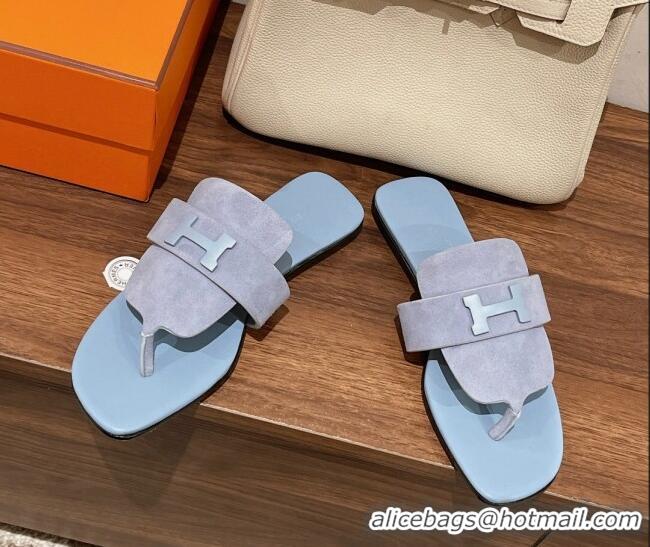 Grade Quality Hermes Galerie Flat Thong Slide Sandals in Suede Purple/Blue 525118