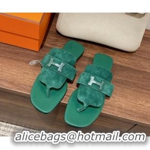 Popular Style Hermes Galerie Flat Thong Slide Sandals in Suede Green 525121