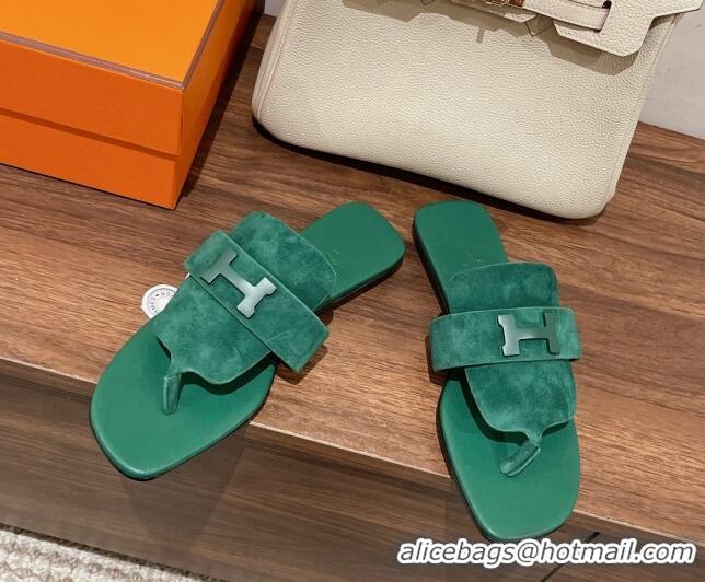 Popular Style Hermes Galerie Flat Thong Slide Sandals in Suede Green 525121