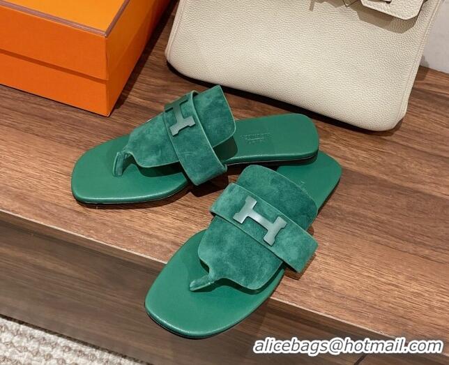 Popular Style Hermes Galerie Flat Thong Slide Sandals in Suede Green 525121