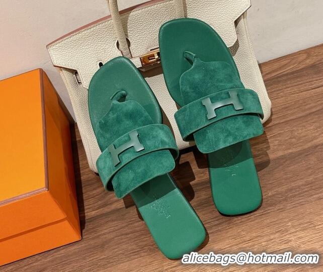 Popular Style Hermes Galerie Flat Thong Slide Sandals in Suede Green 525121