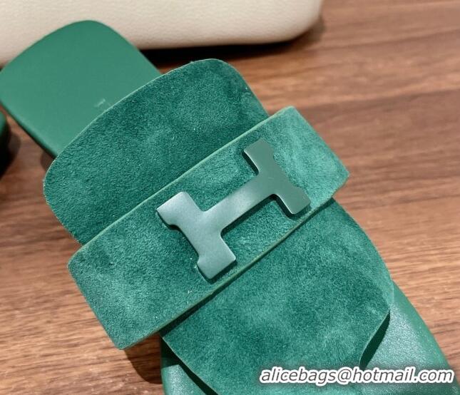 Popular Style Hermes Galerie Flat Thong Slide Sandals in Suede Green 525121