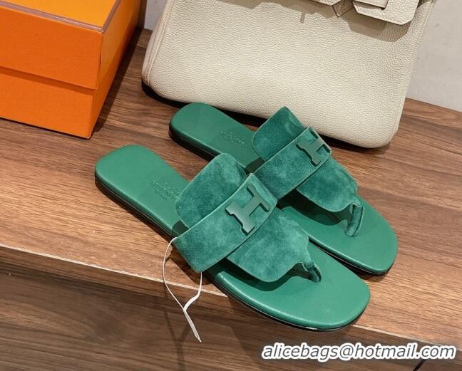 Popular Style Hermes Galerie Flat Thong Slide Sandals in Suede Green 525121