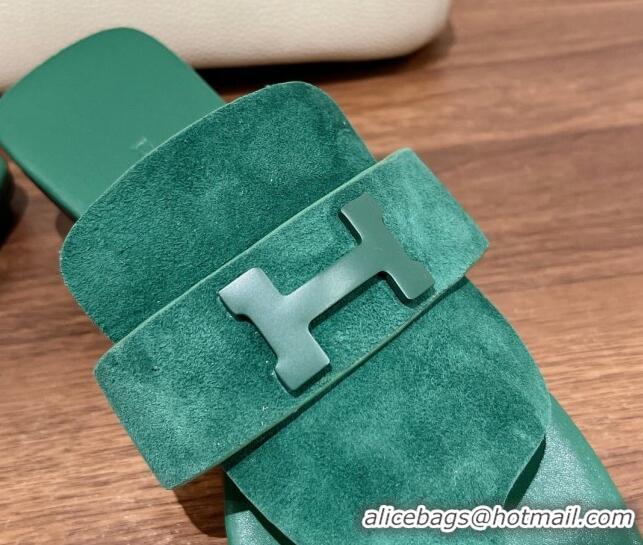 Popular Style Hermes Galerie Flat Thong Slide Sandals in Suede Green 525121