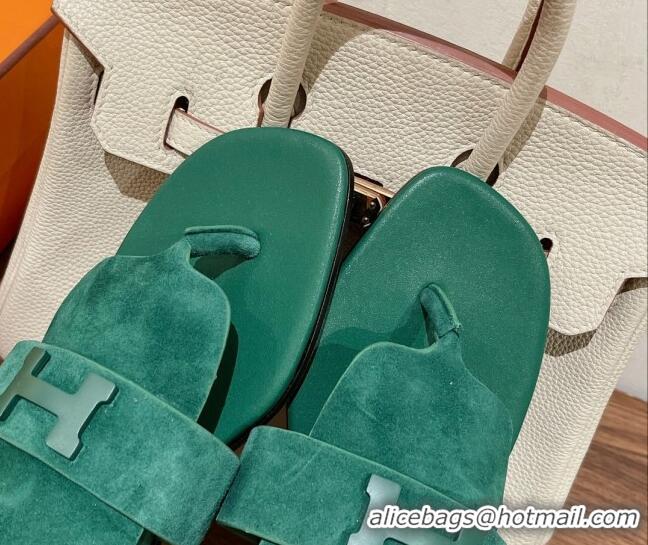 Popular Style Hermes Galerie Flat Thong Slide Sandals in Suede Green 525121