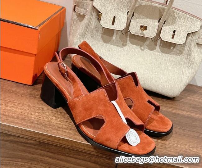 Pretty Style Hermes Elbe Heel Sandals 6cm in Suede Orange 525122