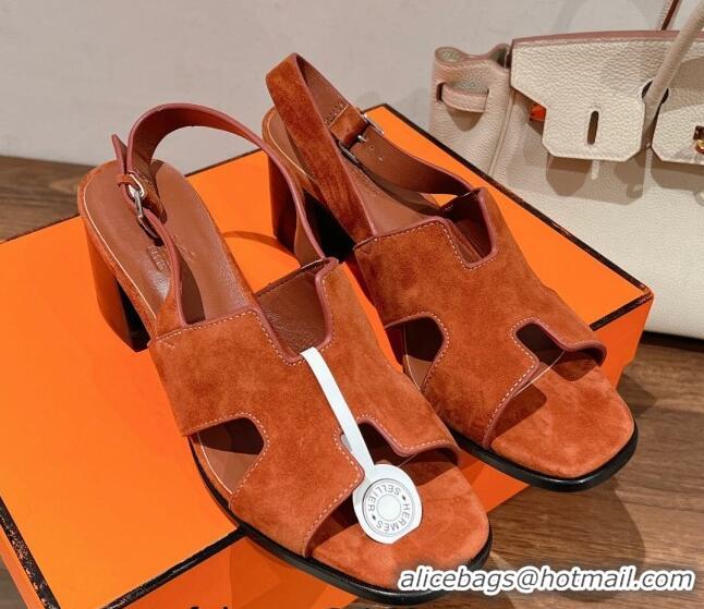 Pretty Style Hermes Elbe Heel Sandals 6cm in Suede Orange 525122