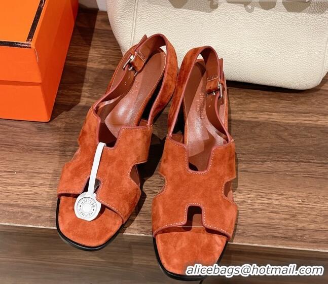 Pretty Style Hermes Elbe Heel Sandals 6cm in Suede Orange 525122