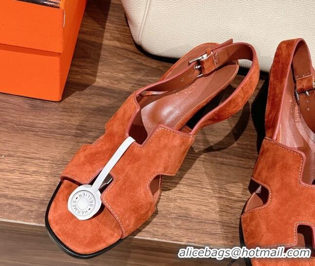 Pretty Style Hermes Elbe Heel Sandals 6cm in Suede Orange 525122