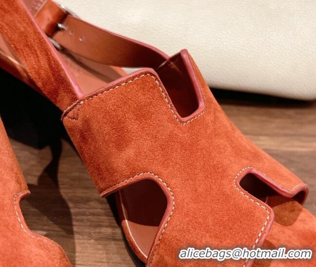 Pretty Style Hermes Elbe Heel Sandals 6cm in Suede Orange 525122