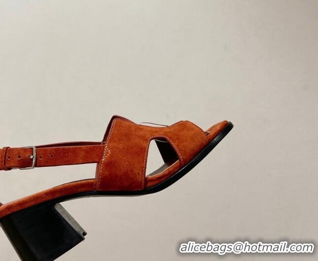 Pretty Style Hermes Elbe Heel Sandals 6cm in Suede Orange 525122