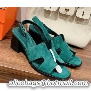 Good Product Hermes Elbe Heel Sandals 6cm in Suede Green 525123